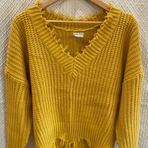 Main Strip Mustard V-Neck Distressed Sweater